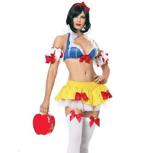 Snow White anime cosplay costume set with headdress, top, skirt, and hand sleeves on a hanger