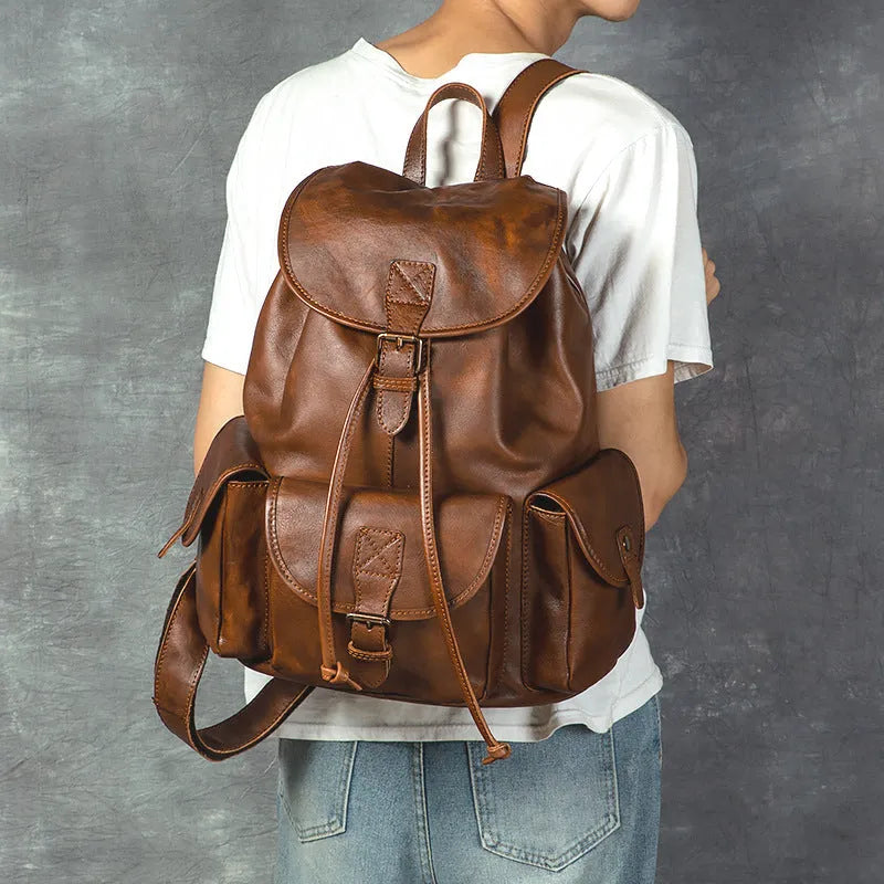 Genuine leather retro backpack for men, top grain, light brown, with ergonomic back panel and geometric pattern