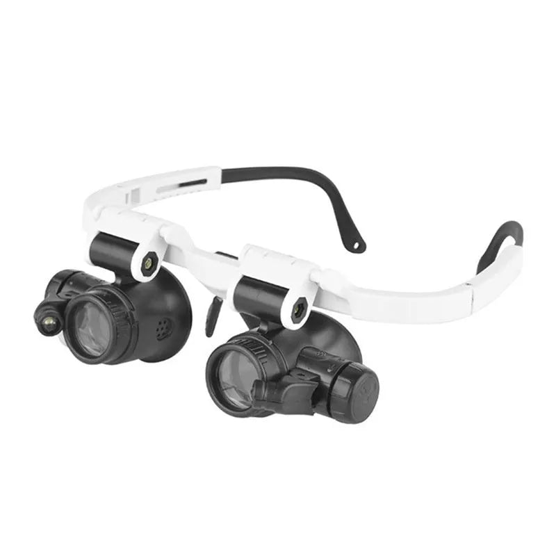 White head-mounted magnifying glass with 30x lens and built-in light, shown folded and unfolded.