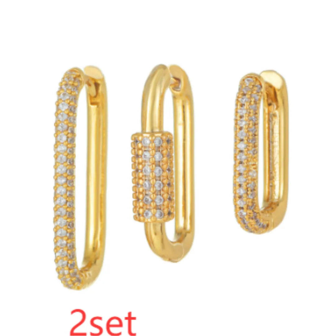 Geometric three-piece ear clip set with micro inlaid zircon stones in gold or white colour