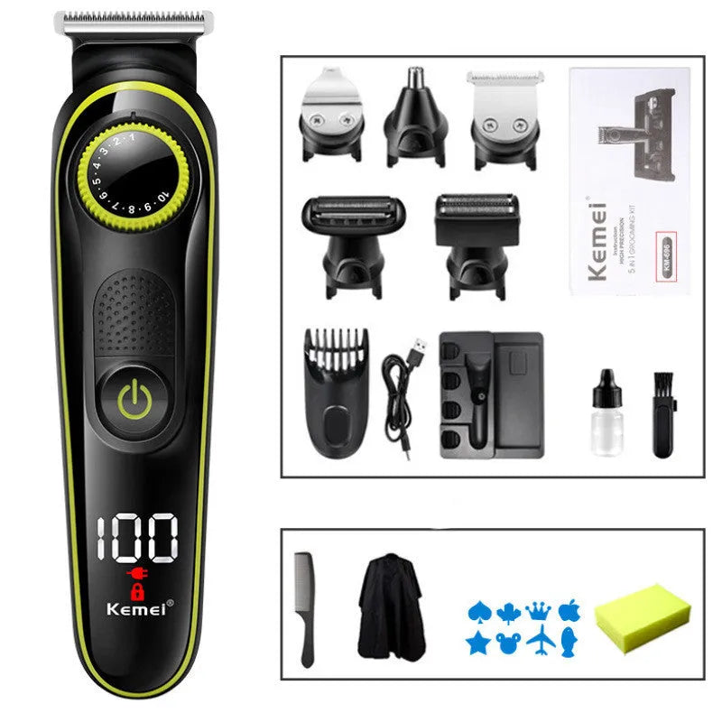 Black KM-696 electric hair clipper set with USB charging cable and cleaning brush
