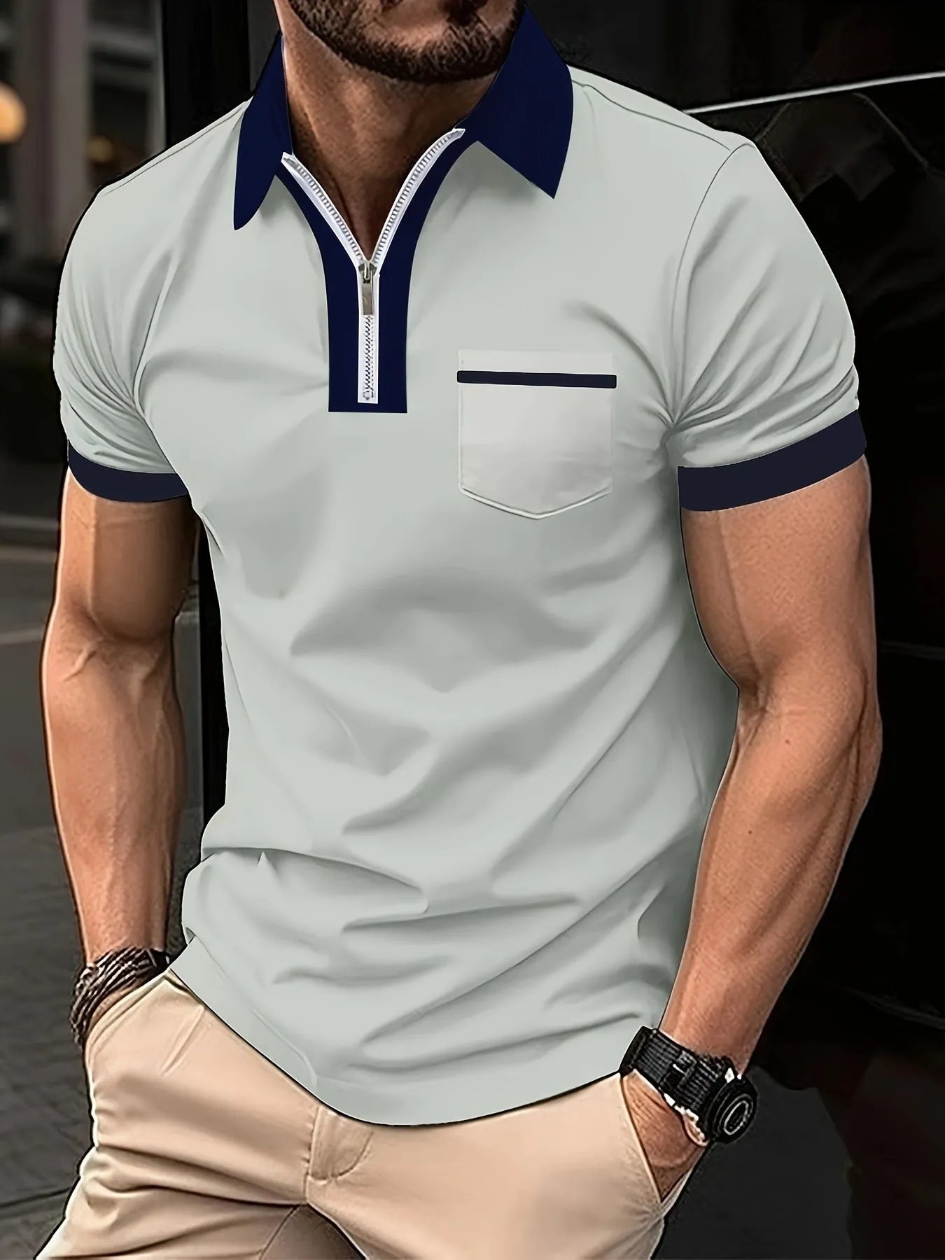 Men's loose-fit casual short-sleeve shirt with a zipper on the chest pocket, shown in a two-tone colour option.