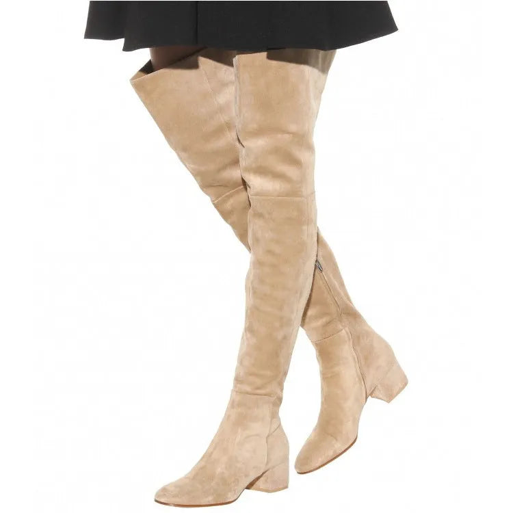Grey suede women's flat over-the-knee boots with pointed toe and low thick heel.