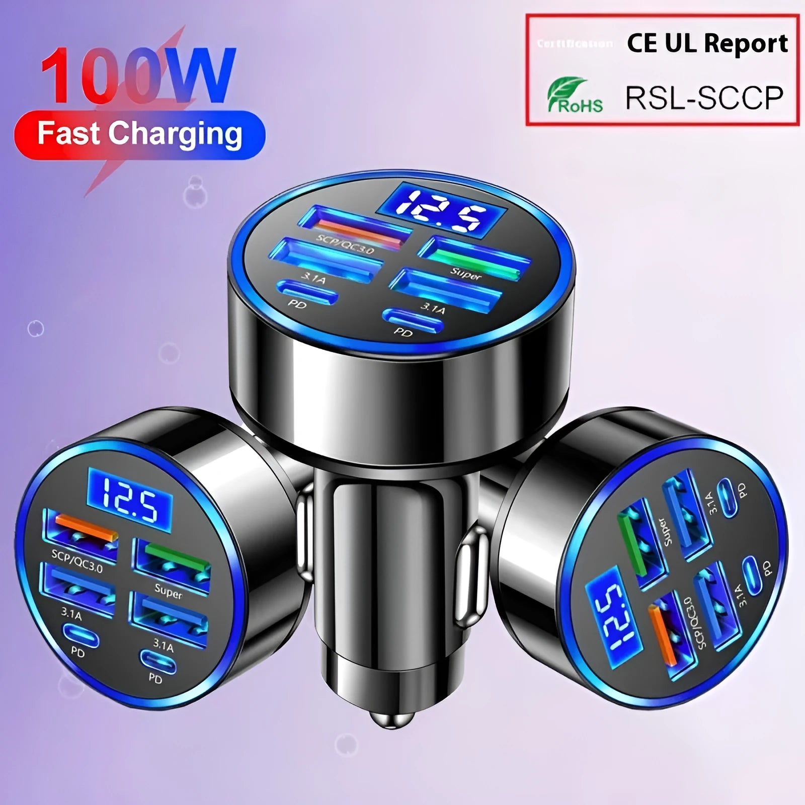 Six-in-one multi-port digital display car charger with 4 USB and 2 PD ports black 27W