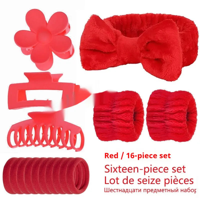Bow-shaped washing face hair band with plaid pattern and wrist strap, assorted colours set of 16