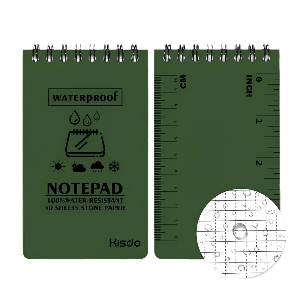 Spiral-bound waterproof office notepad showing stone paper pages and PP cover in camouflage pattern