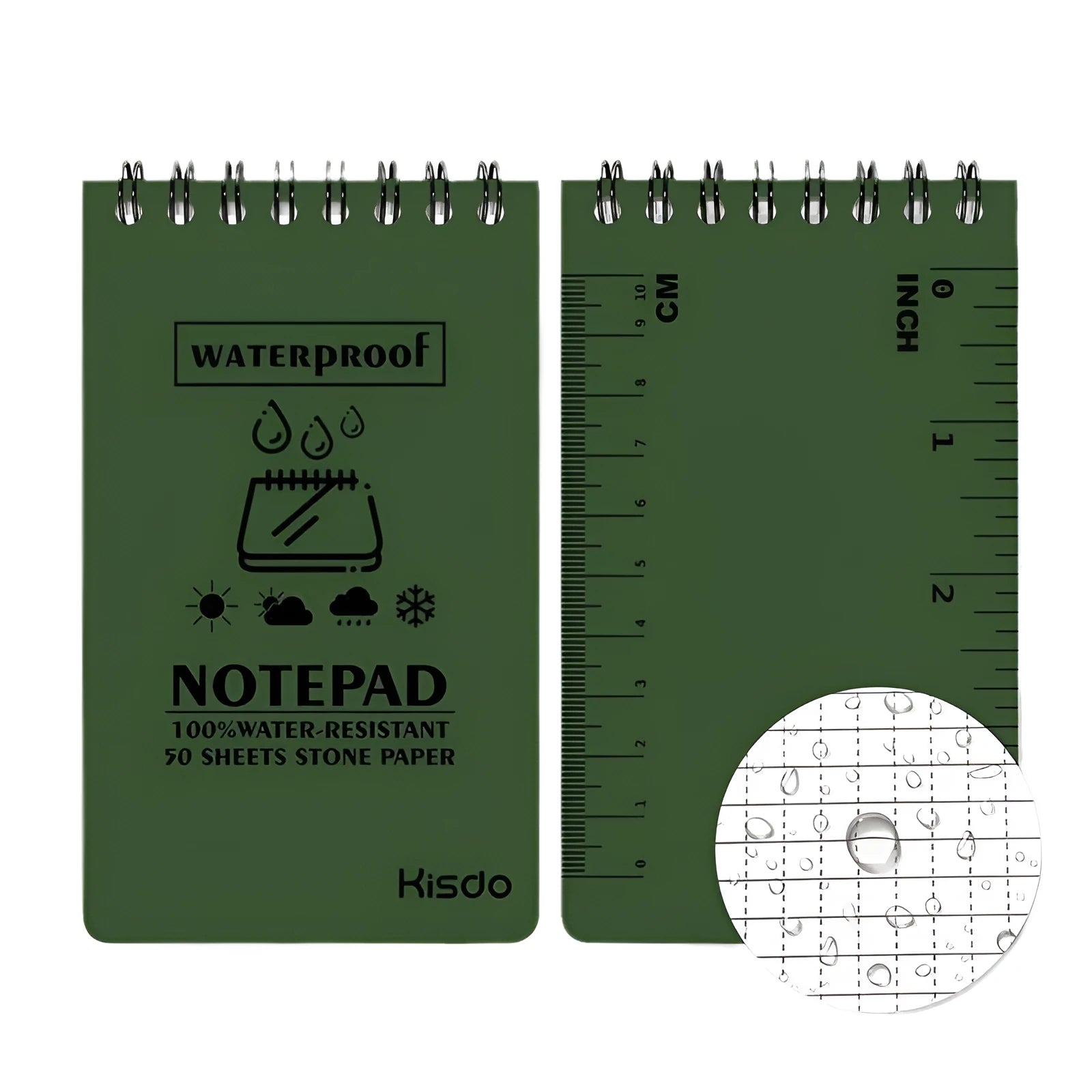 Spiral-bound waterproof office notepad showing stone paper pages and PP cover in camouflage pattern