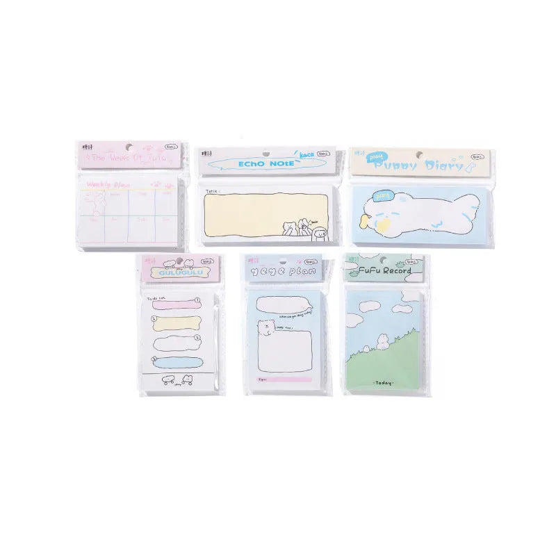 Pack of cartoon hand design sticky notes showing six different style options and three size formats.