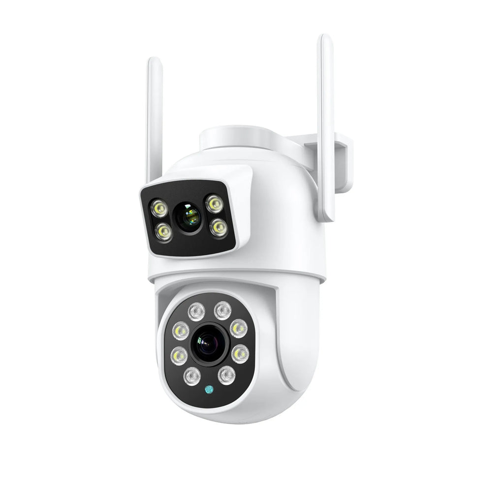 White icsee 600W wireless surveillance camera with dual lens gun ball linkage design and bracket