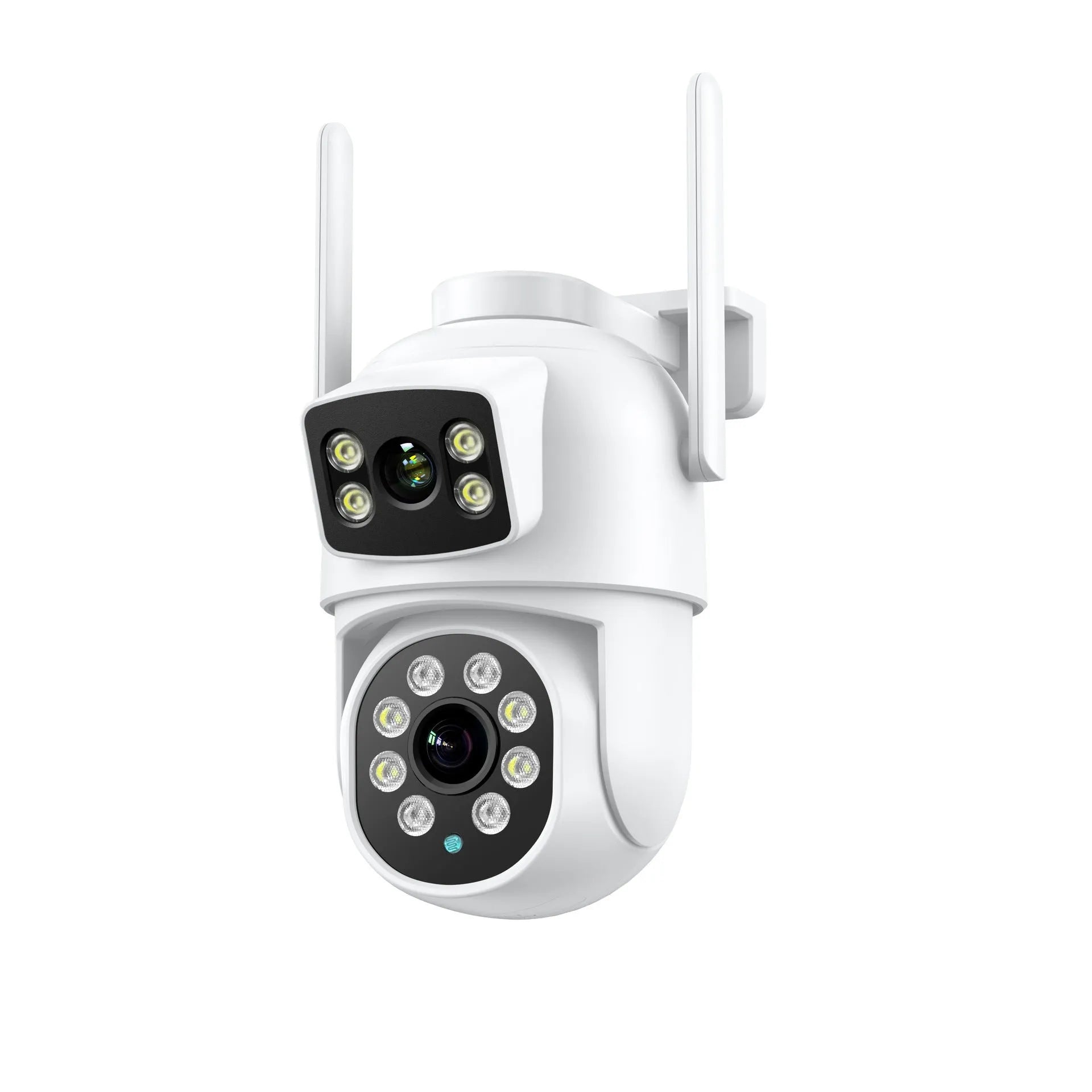White icsee 600W wireless surveillance camera with dual lens gun ball linkage design and bracket