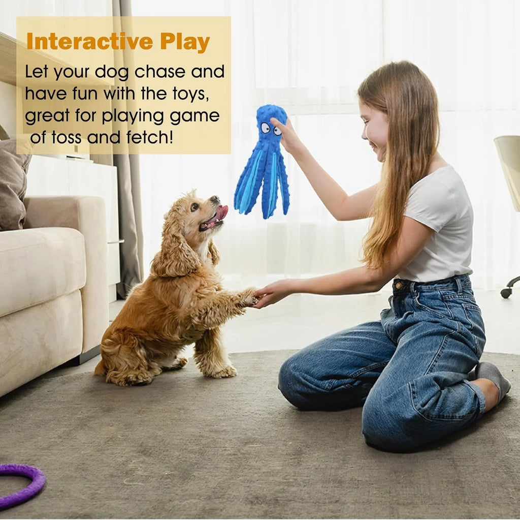 Blue octopus dog squeaky toy with no stuffing measuring 32cm long