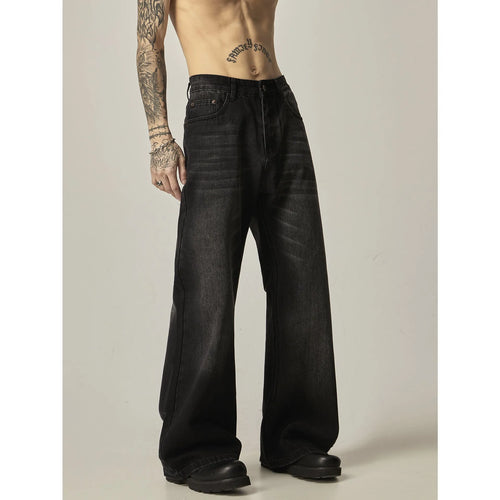 Black loose straight leg men's jeans with retro styling and zipper fly