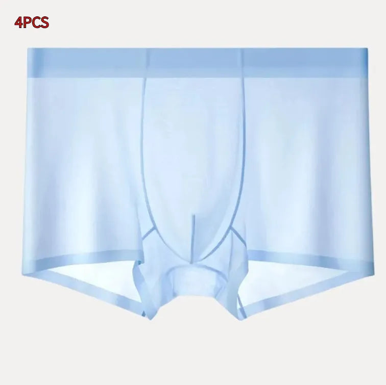 Men's ice silk boxer briefs in multiple colours on a white background, showing seamless design.
