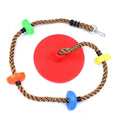 Plastic children's swing set with four colour-coded platform discs and rope for outdoor play