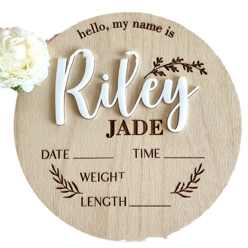 Square wooden baby name plaque with birth information display