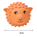 Orange and yellow squeaky latex dog toy with elastic spikes for teeth cleaning