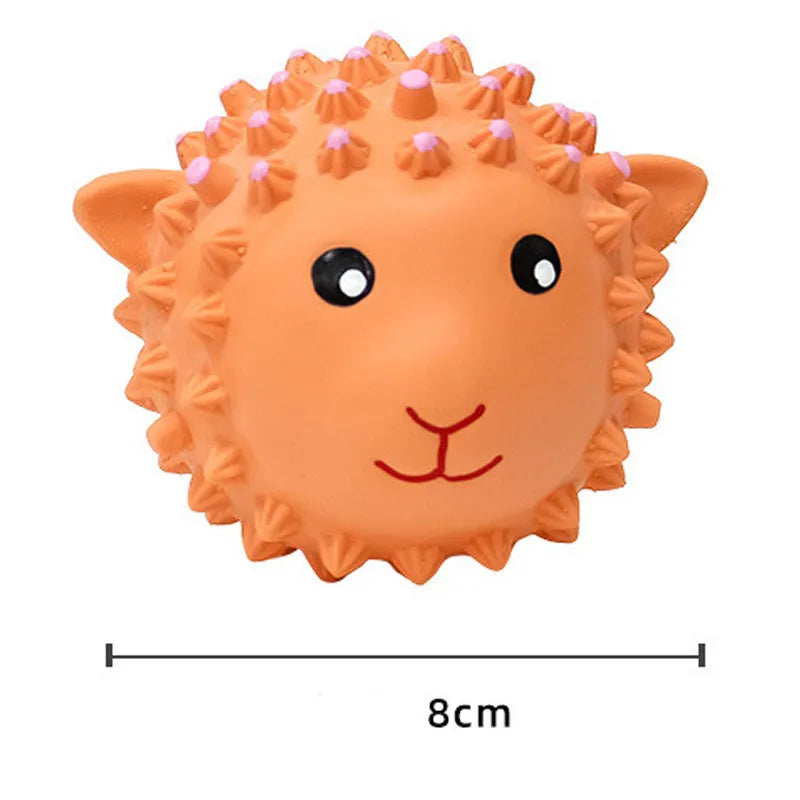 Orange and yellow squeaky latex dog toy with elastic spikes for teeth cleaning