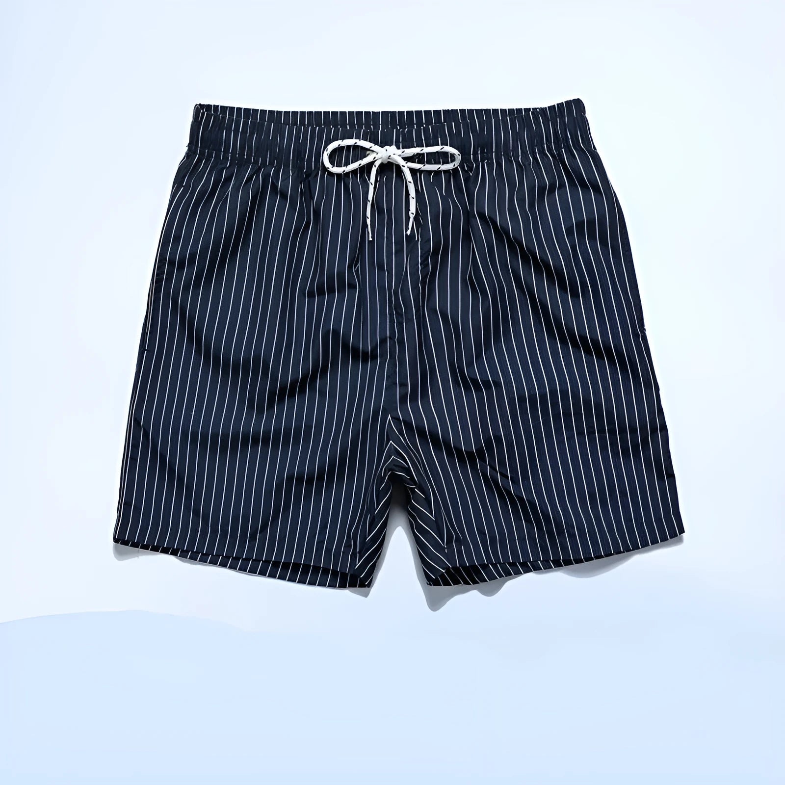 Men's striped beach shorts in navy blue, made from polyester fibre with a straight leg opening.