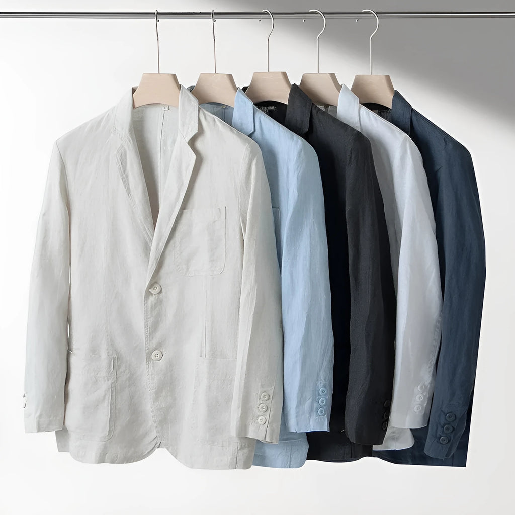 Men's loose fit linen casual suit jacket in solid colour, shown in available colours: white, black, natural linen, sky blue, navy blue.