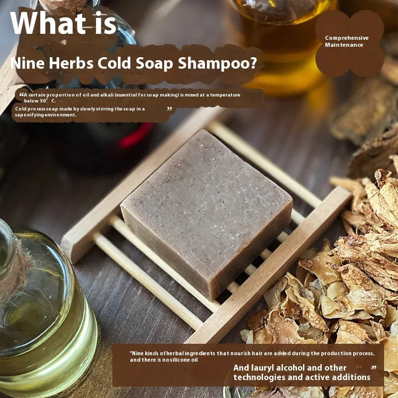 A single 72-gram bar of nine herb cold process shampoo soap for oil-free hair washing.