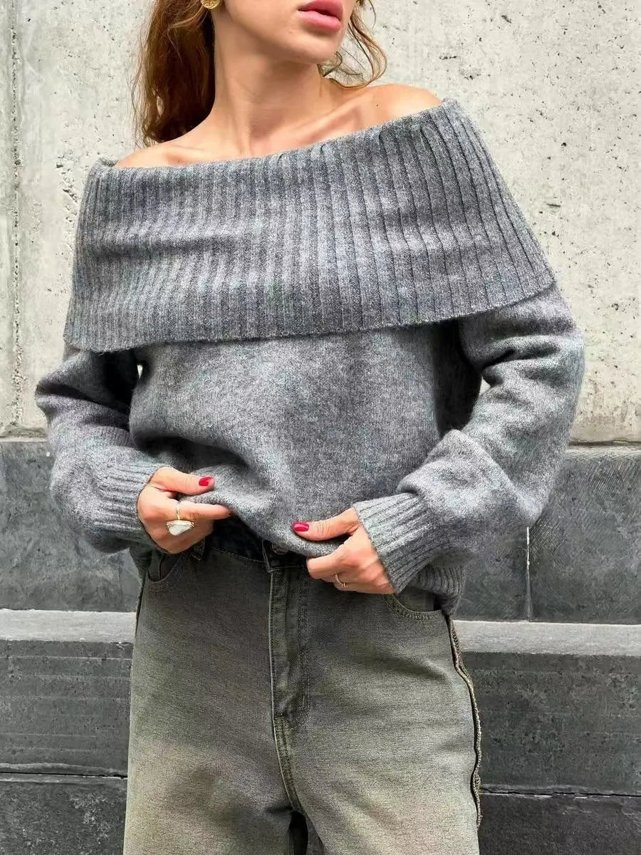 Strapless off-shoulder grey acrylic sweater with 3D pattern effect and regular sleeves