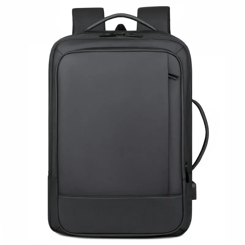 Men's black waterproof Oxford cloth backpack with curved shoulder straps showing business design