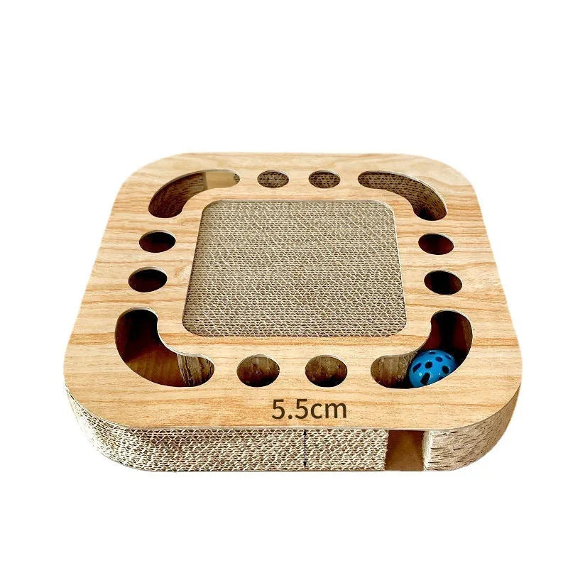 Cat scratching board toy with corrugated paper surface and plastic ball in multiple style options