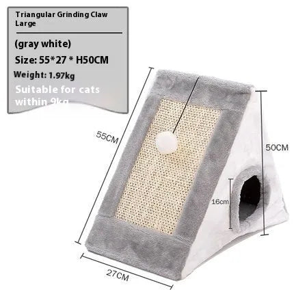 Grey and white triangle-shaped cat nest bed with an integrated sisal scratching post on the side.