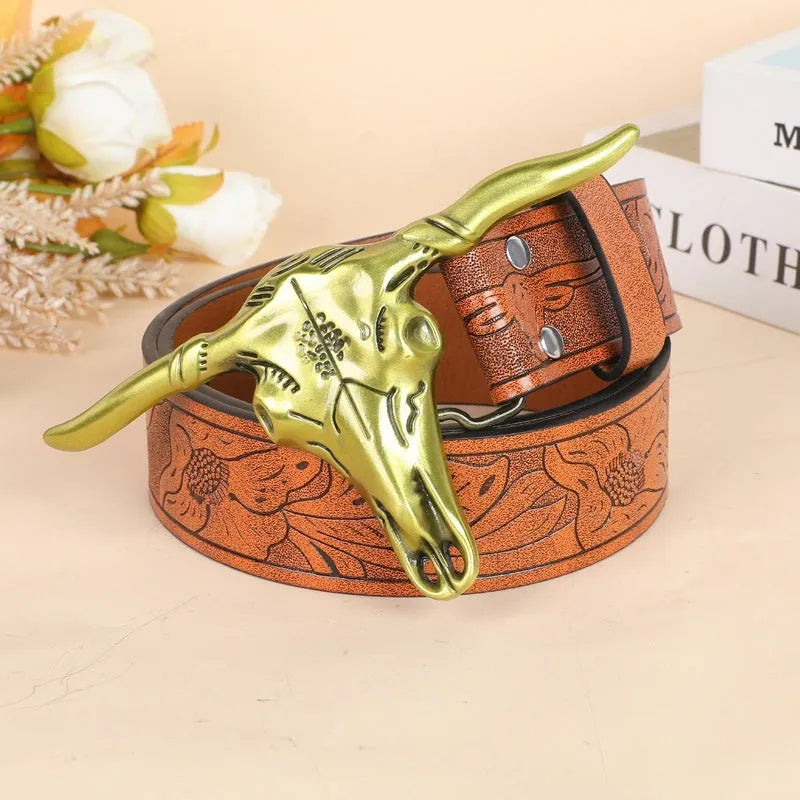 Men's imitation leather belt with electroplated cow head alloy buckle, 125 cm length