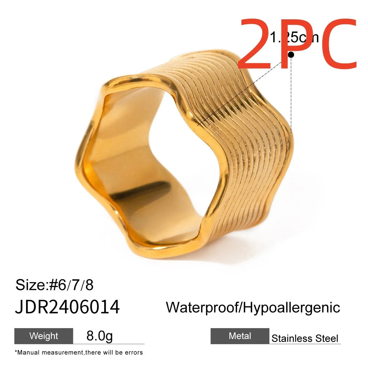 Women's stainless steel geometric wave ring with wide band surface and Korean style design