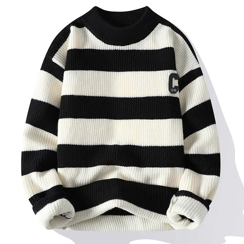 Men's autumn letter stripes mock neck sweater in gray, loose fit nylon knit pullover with long sleeves, casual style