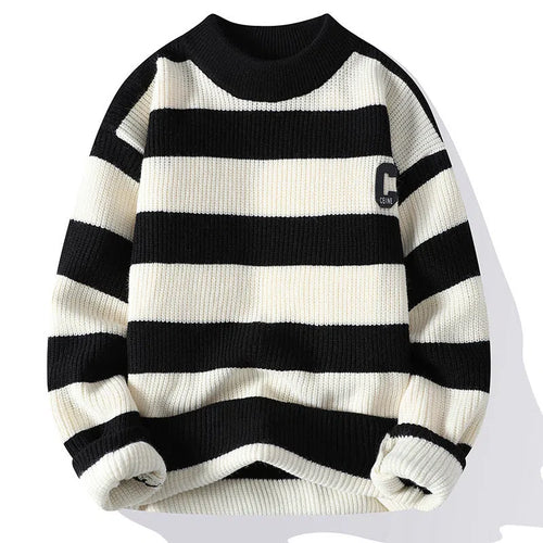 Men's autumn letter stripes mock neck sweater in gray, loose fit nylon knit pullover with long sleeves, casual style