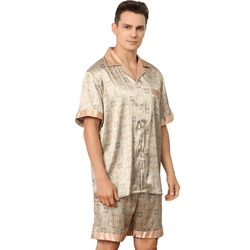 Men's summer printed short-sleeved shorts pyjama set in polyester, dark blue colour, front view