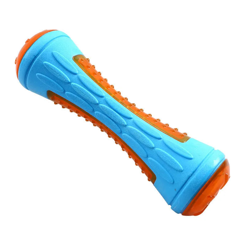 Set of three TPR dog toys: a red ball, blue barbell, and orange tyre on a blue background.