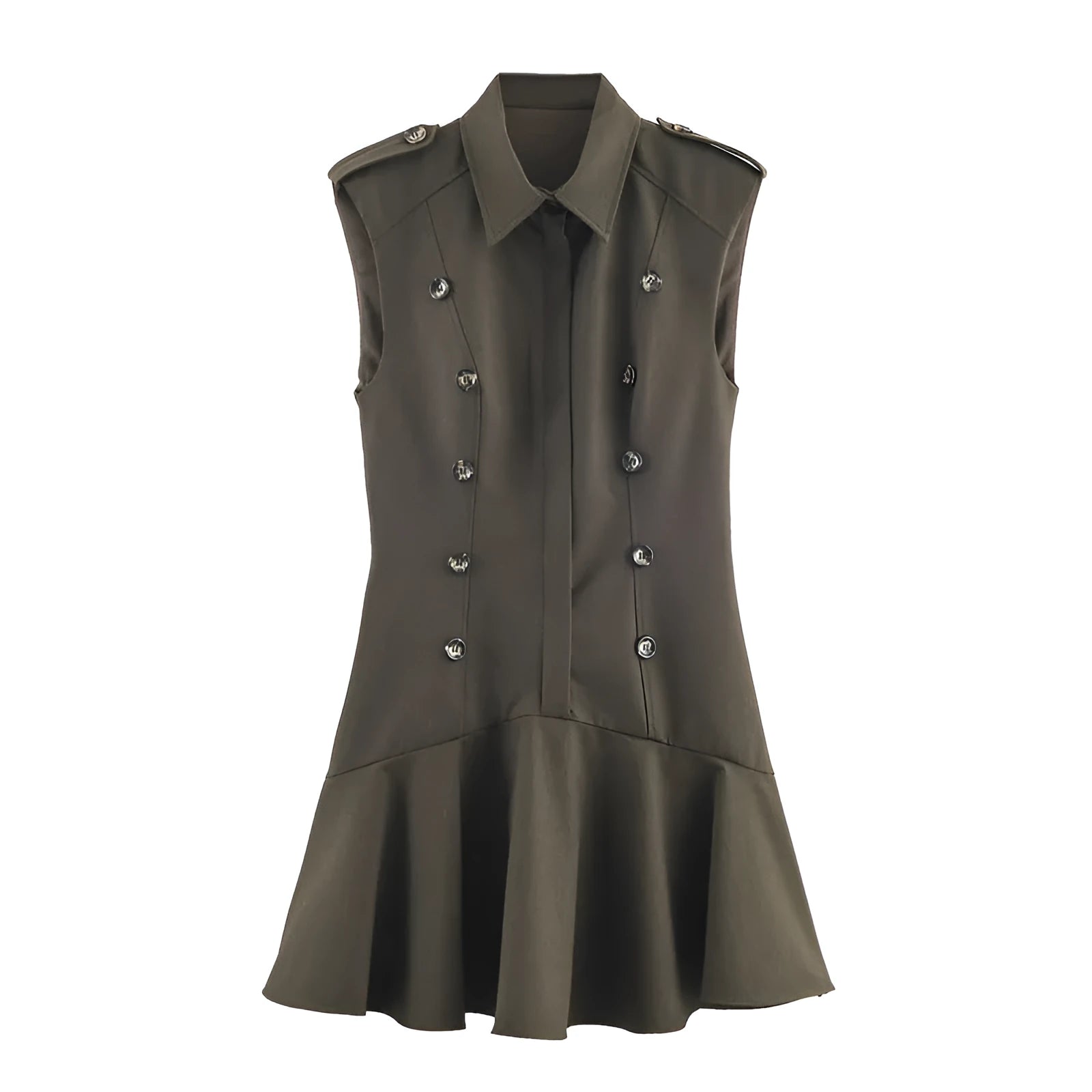 Women's short dress with padded shoulder and laminated decoration, asymmetric hem, pleated nylon fabric, stripes and plaid pattern