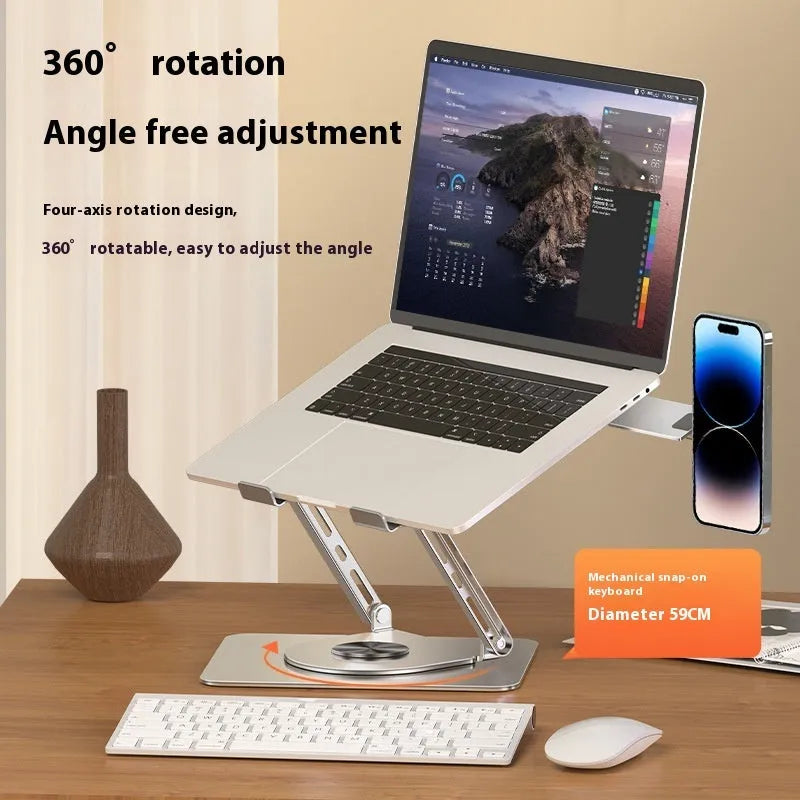 Silver carbon steel laptop stand with a side-mounted, 360-degree rotating magnetic phone holder