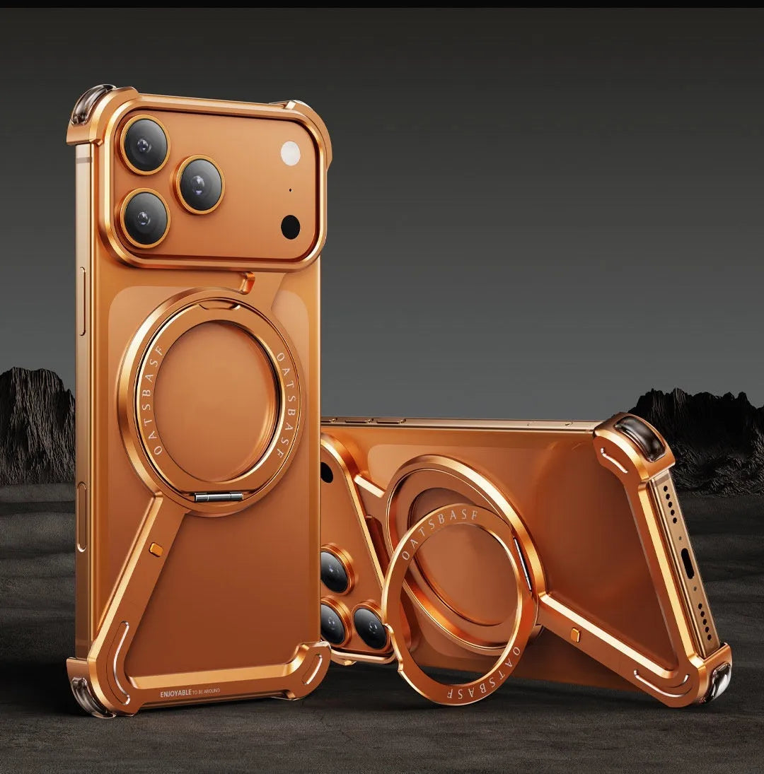 Black metal frame phone case with magnetic bracket for Apple iPhone 17 Pro Max, electroplated finish