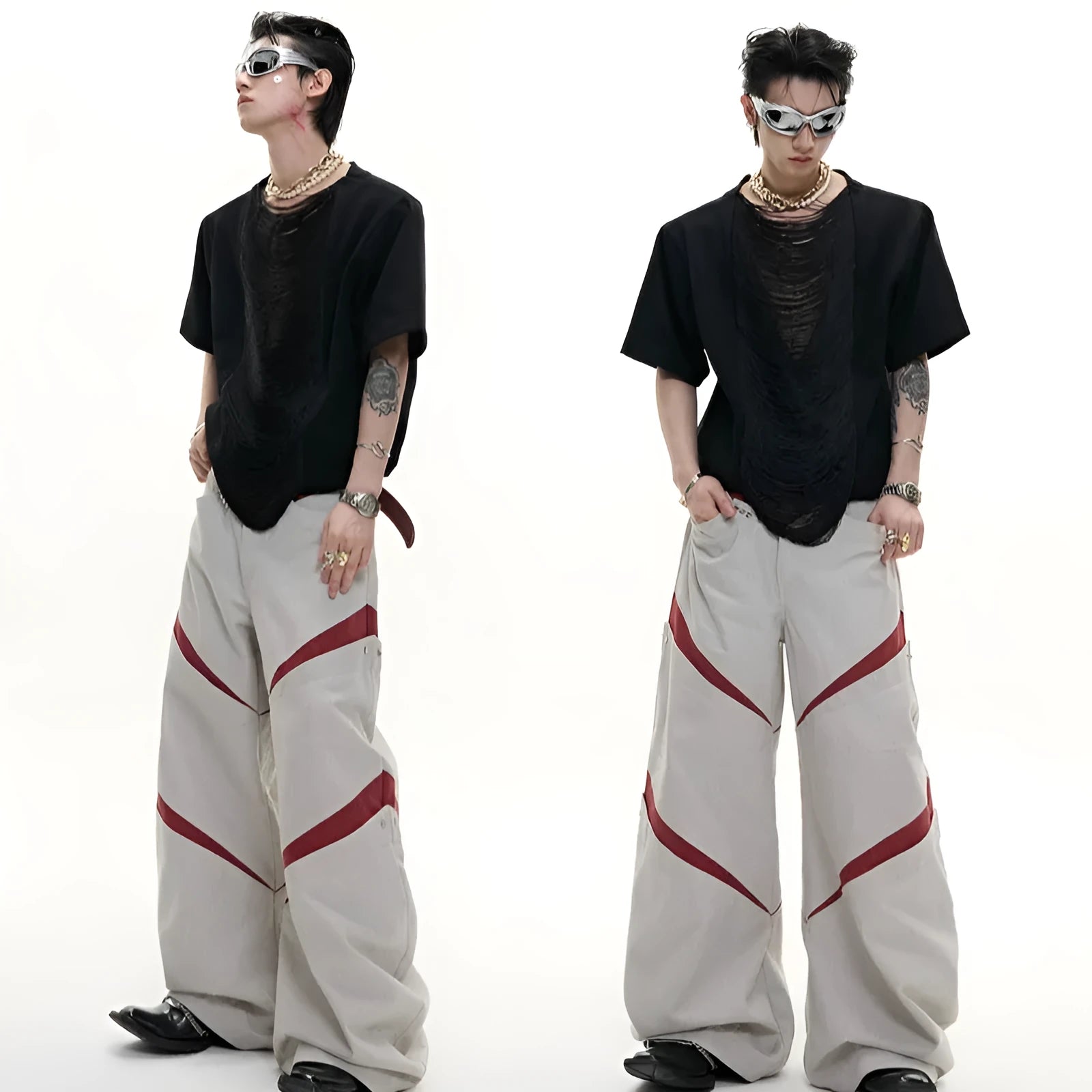 Men's black loose-fit polyester t-shirt with hollow-out V-neck collar and short sleeves