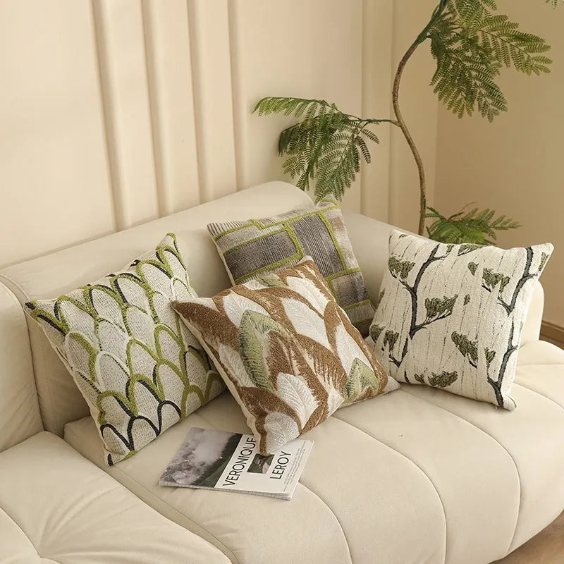 45cm square Jacquard cushion cover with Nordic plant and flower pattern in a retro colour.