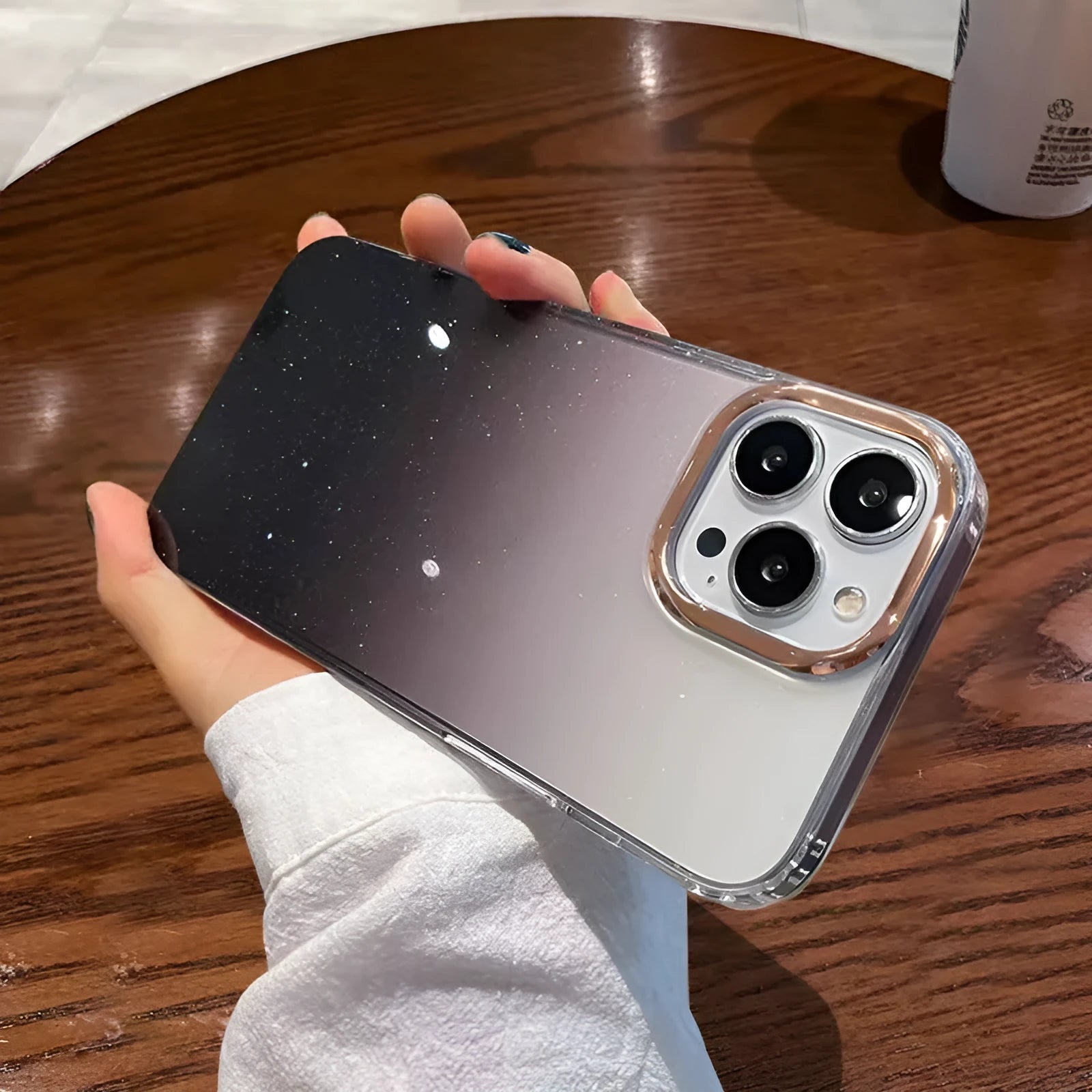 Starry gradient transparent acrylic phone case for iPhone showing starry sky pattern in gradient blue