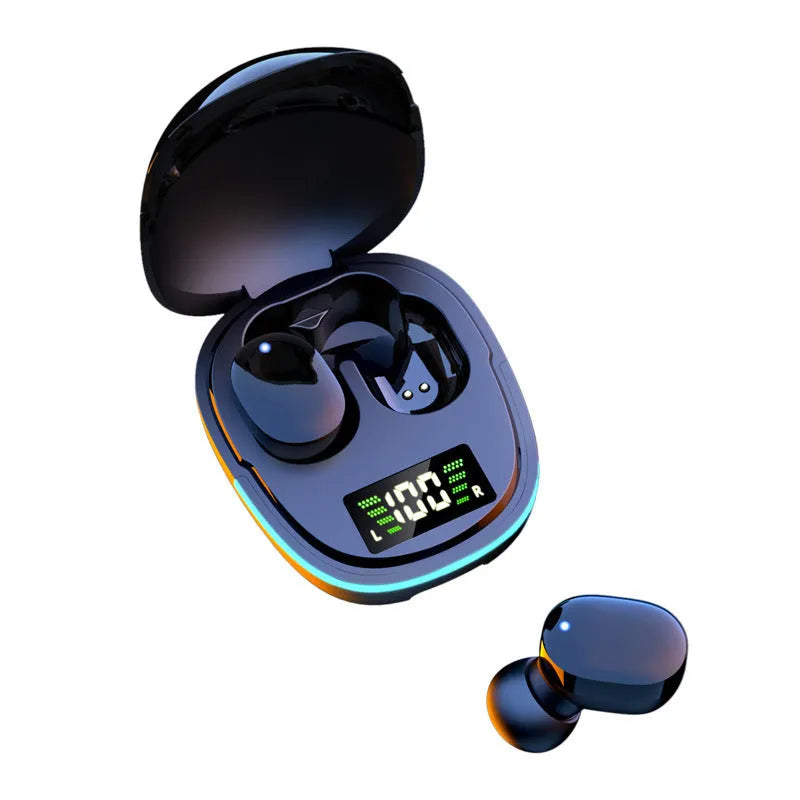 Black true wireless Bluetooth in-ear headphones with a charging case on a white background