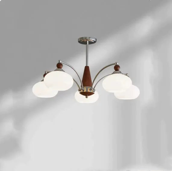 Creative persimmon glass chandelier with chrome frame and multiple glass shades in milky white or cream yellow.