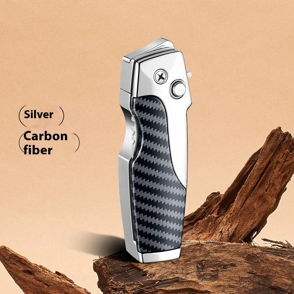 Metal folding lighter with integrated pocket knife tool in a wood grain finish.