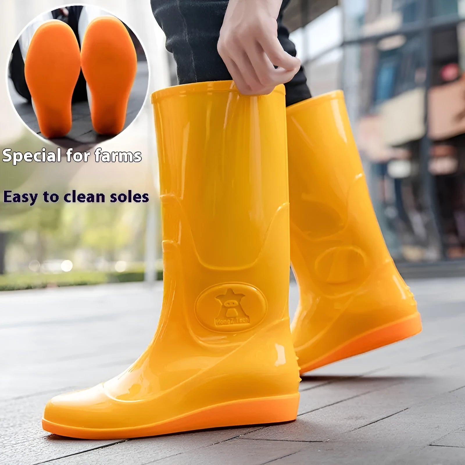 Flat washable rain boots for men white yellow plastic labour protection waterproof high cylinder round toe