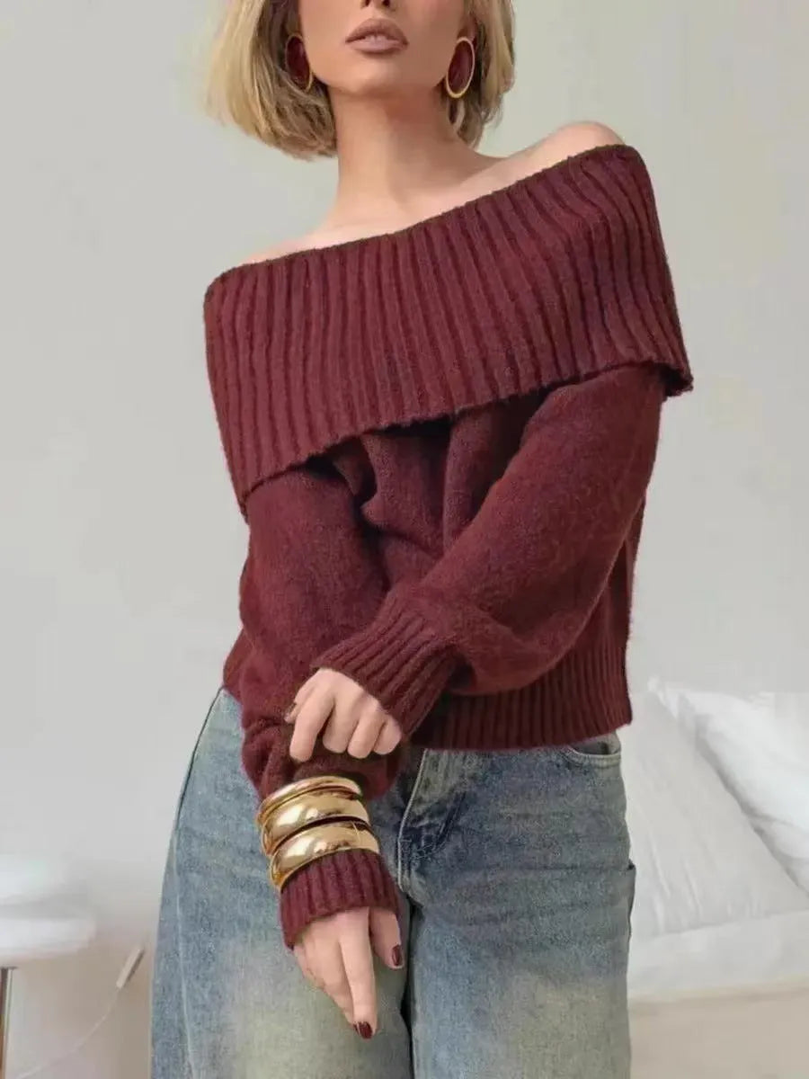Strapless off-shoulder grey acrylic sweater with 3D pattern effect and regular sleeves