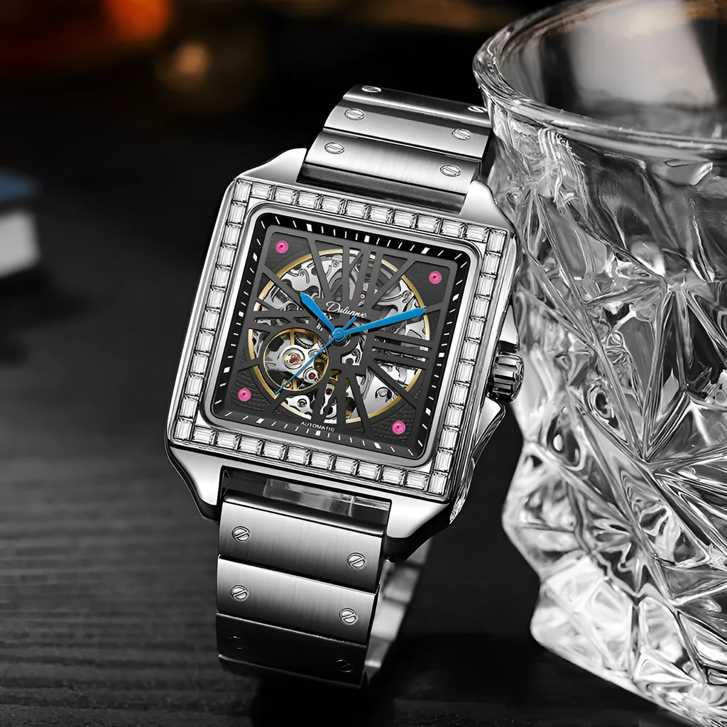 Men's square automatic watch with diamond-studded bezel on black leather strap