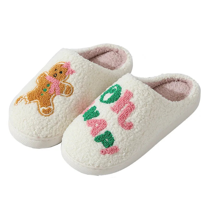 Cartoon gingerbread man winter cotton slippers in plush material with festive design, available in multiple colours and sizes