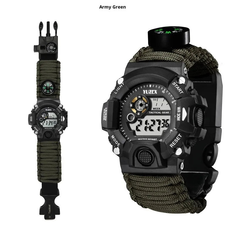 Multifunctional survival bracelet watch with parachute cord strap, firestone, whistle, and compass on a wrist in outdoor setting