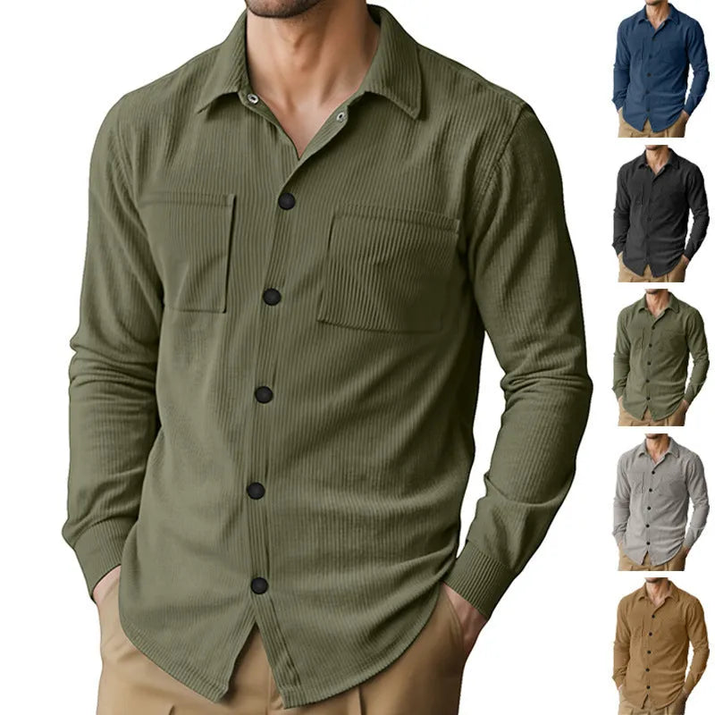 Casual corduroy polo collar jacket top with patch pockets in five colours from S to XXXL size