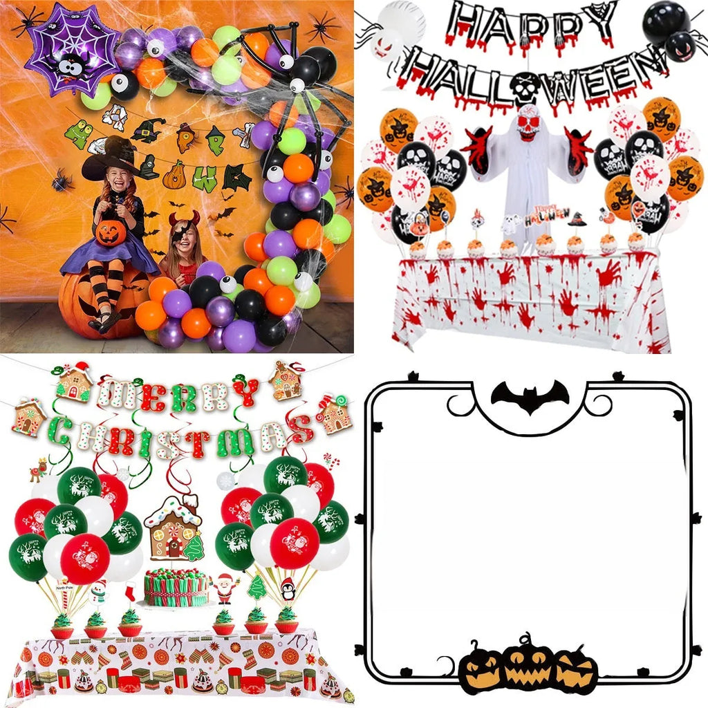 Halloween spider balloon arch decoration set with white and black latex balloons showing skull, pumpkin, and spider designs